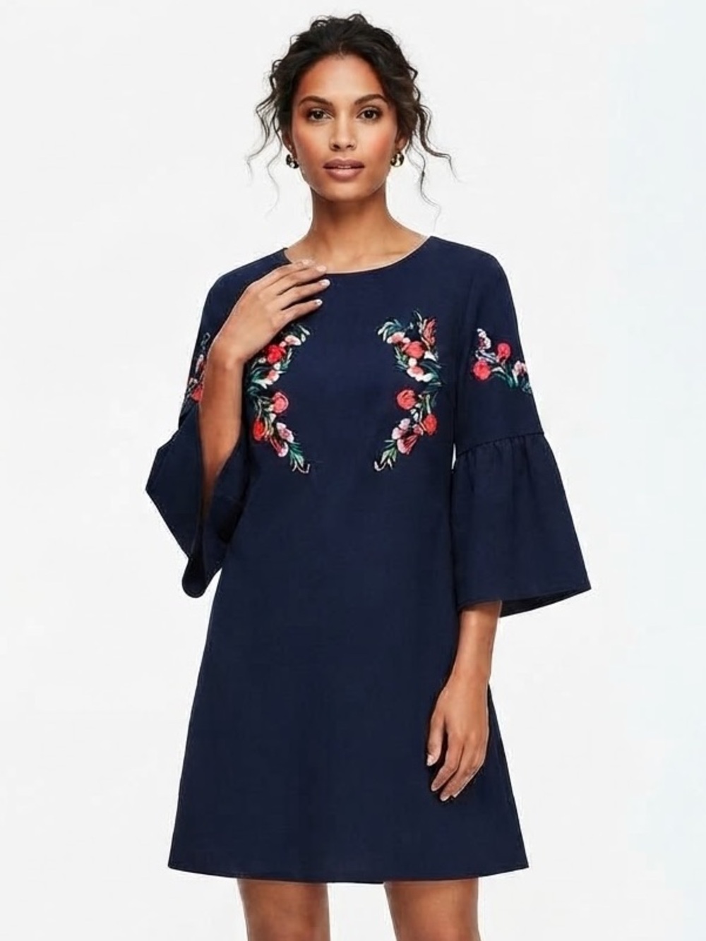 Navy Embroidered Bell-Sleeve Shift Dress Sz XL
